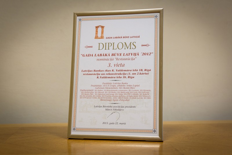 AS “Būvuzņēmums Restaurators” received recognition in the competition “Best Building in Latvia 2012” in the category “Restoration” (3rd place) on 22 March 2013. This award was granted for restoration works carried out in 2012 in customer cashdesk room (1st and 2nd stages) of Bank of Latvia located in Riga, 1b Krisjana Valdemara Street.