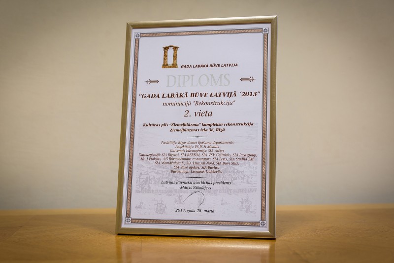 AS “Būvuzņēmums Restaurators” received recognition in the nationwide competition “Best Building in Latvia 2013” in the category “Reconstruction” (2nd place) on 28 March 2014. This award was granted for reconstruction works carried out in 2013 in the complex of Palace of Culture “Ziemeļblāzma” located in Riga, 36 Ziemelblazmas Street.