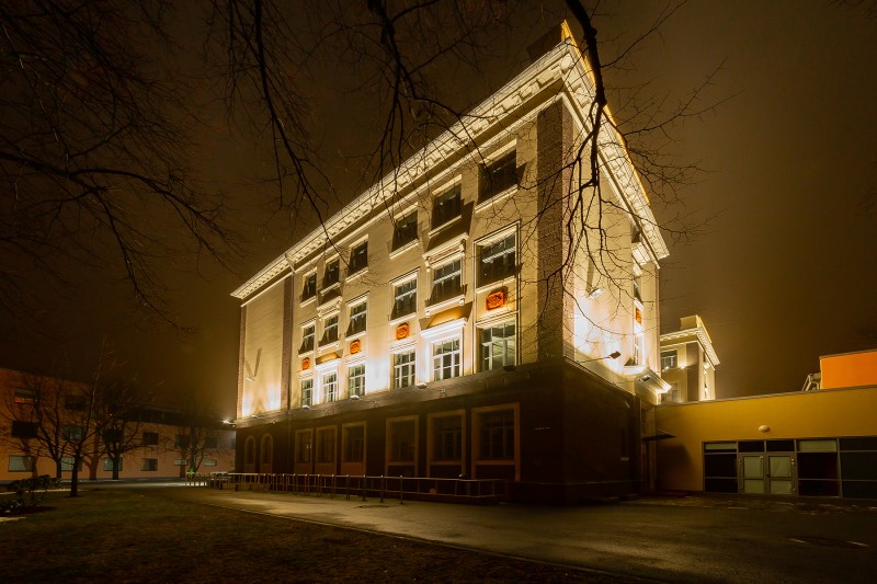 [02] Facade with night lighting (Riga Teika Secondary School)