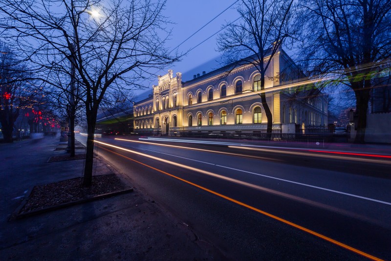 [04] Facade With Night Lighting (Riga State Gymnasium No. 1)